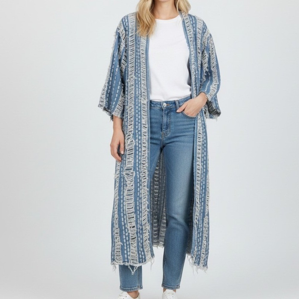 Bohemian Festival Distressed Denim Kimono Duster Frayed Longline One Size
